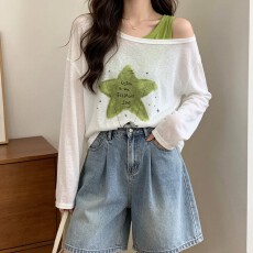 批发实拍 慵懒风星星印花防晒罩衫女夏超火减龄上衣绿色吊带背心套装