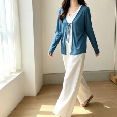批发实拍  韩系长袖系带防晒开衫吊带阔腿裤三件套女休闲<b class='q'>宽松</b>显瘦套装