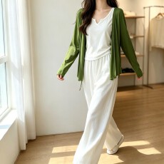 批发实拍  韩系长袖系带防晒开衫吊带阔腿裤三件套女休闲<b class='q'>宽松</b>显瘦套装