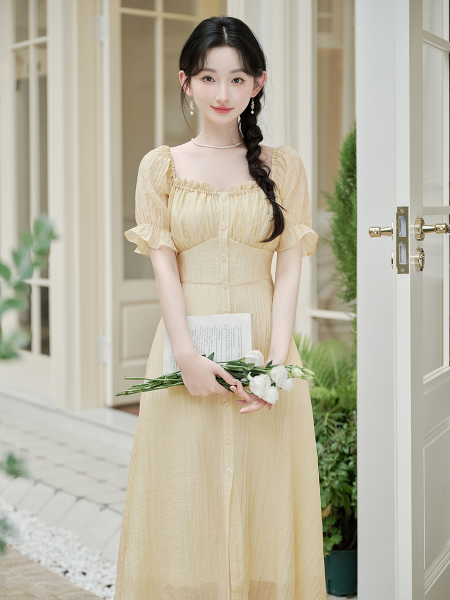BY27367# 天丝浪漫法式泡泡袖连衣裙女夏季 服裝批發女裝批發服飾貨源