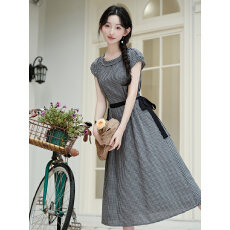 批发实拍优雅气质棉麻经典<b class='q'>黑白</b>格子收腰<b class='q'>连衣裙</b>