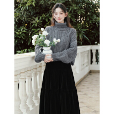 批发实拍法式复古灰色高领短款麻花毛衣+赫本风中长丝绒伞裙套装