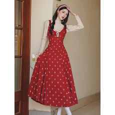 批发实拍 法式少女俏皮蝴蝶结刺绣<b class='q'>红色</b>收腰<b class='q'>连衣裙</b>节日氛围感