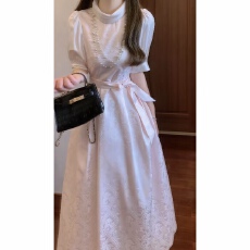 批发档口法式温柔暗纹提花粉色A摆收腰盘领连衣裙气质<b class='q'>礼服</b><b class='q'>长裙</b>