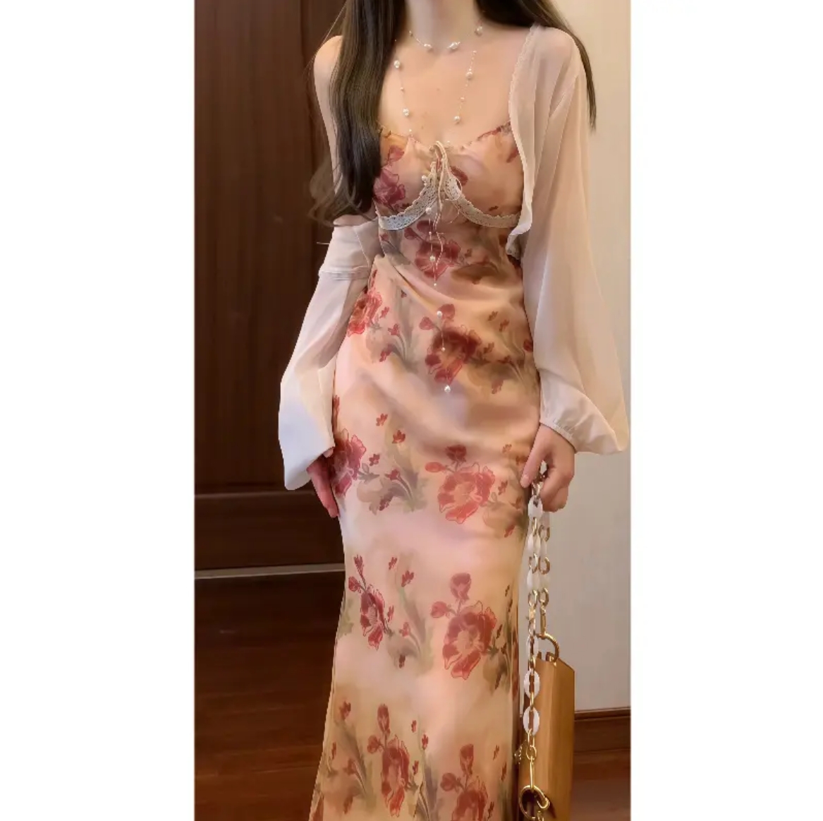 실사 프랑스식 꽃무늬 슬립 드레스 코디 자외선 차단 오픈 가디건 투피스 세트