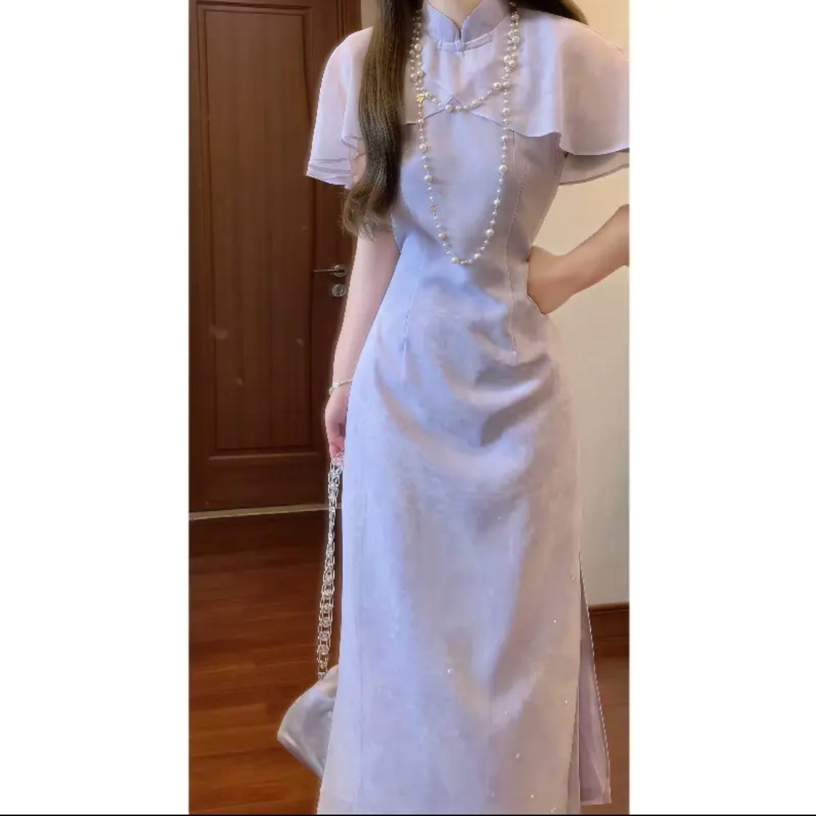 실사 보라색 가스 치파오 드레스 개선 쉬폰 드레스 여름 보통 웨어러블 영 섹션 첫사랑 품격 치마