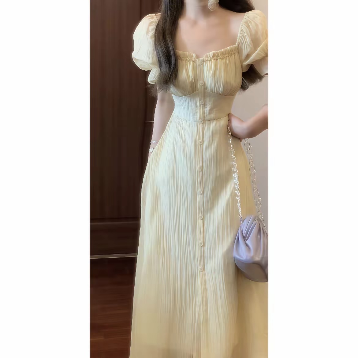 실사 블랙 재스민 와 甜酒 레몬 나무 아래 낭만주의 프랑스식 거품 소매 여성 드레스 여름