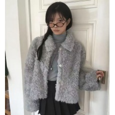 批发已出 韩国chic<b class='q'>翻领</b>休闲百搭毛绒绒羊羔毛外套女