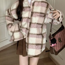 批发有货 韩版冬季卷卷毛呢<b class='q'>格子</b><b class='q'>衬衫</b>宽松百搭外套女