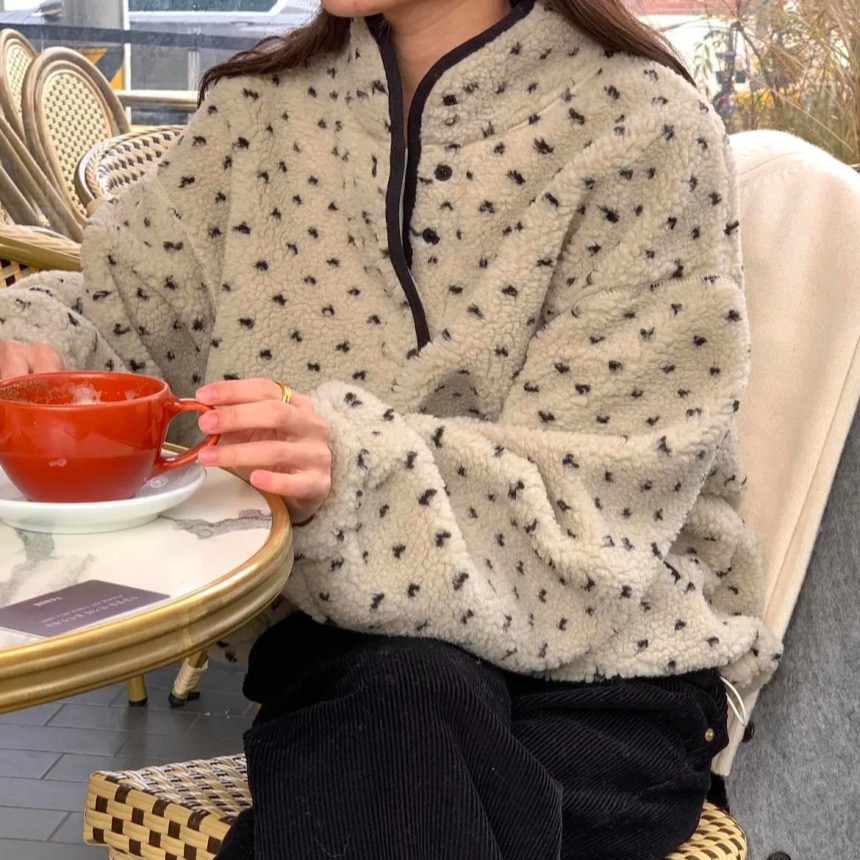 有货 羊羔毛爱心波点撞色保暖休闲宽松长袖卫衣