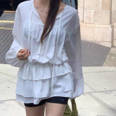 批发2026年新款V领系带抽绳<b class='q'>衬衫</b>连衣裙女