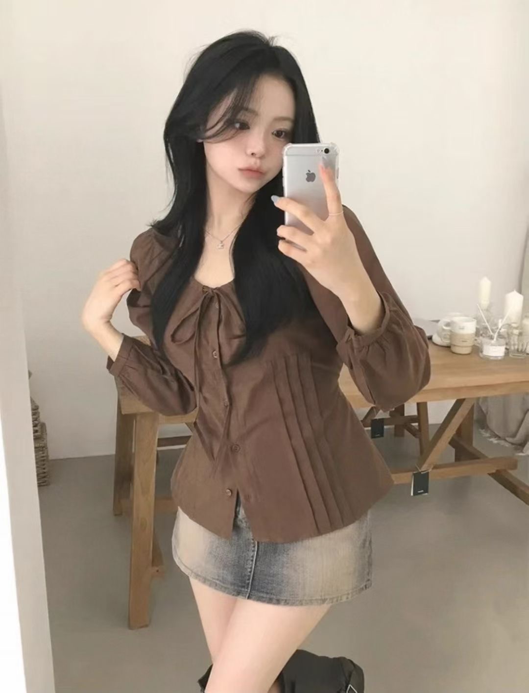 있음 밖으로 한국어 프랑스식 달콤함 작은 키 여성 셔츠 가을 몸매 가꾸기 슬림해 보이는 맨위