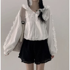 批发已出 韩版小众设计感木耳边拼接百搭小个子长袖连帽防晒外套女