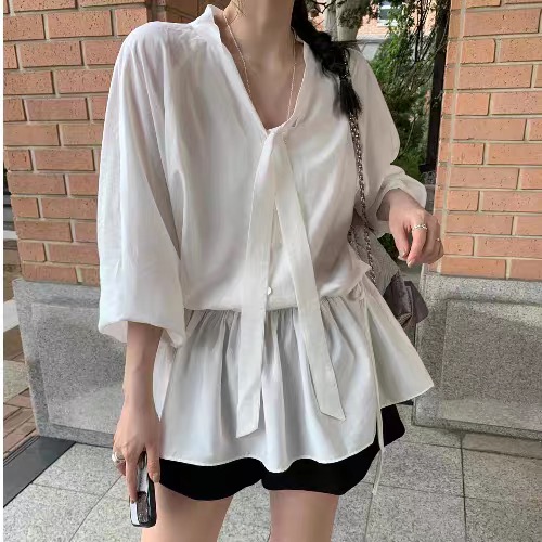 있음 밖으로 한국 chic 리본 펌프 Pleat 레이스업 프릴 여성 셔츠