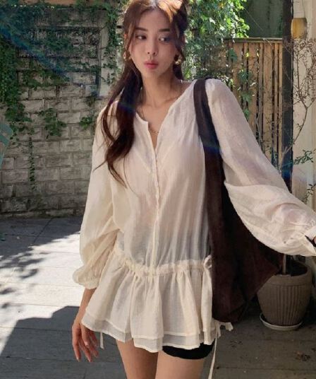 재고 있음 한국 chic 펌프 로프 허리 수축 이중층 프릴 여성 셔츠