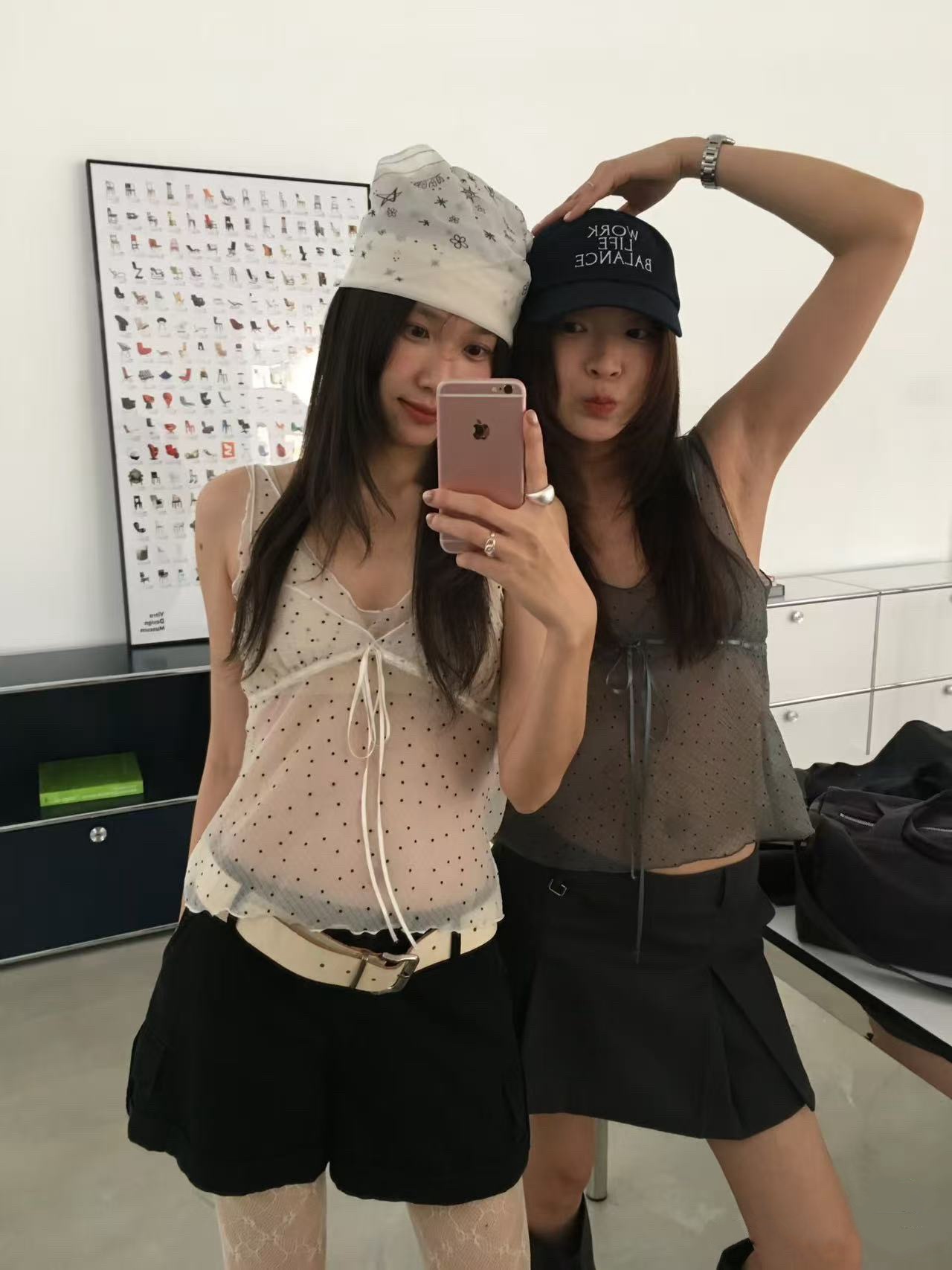 있음 밖으로 동대문 패션 패치워크 디자인 섹션 도트 무늬 망사 스트랩 조끼