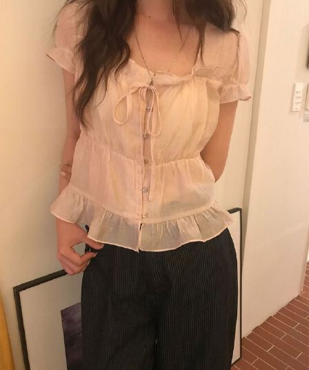 있음 창고 chic 한 부서 달콤함 연령 감소 부드러운 프릴 주름 장식 허리 수축 반팔 쉬폰 셔츠