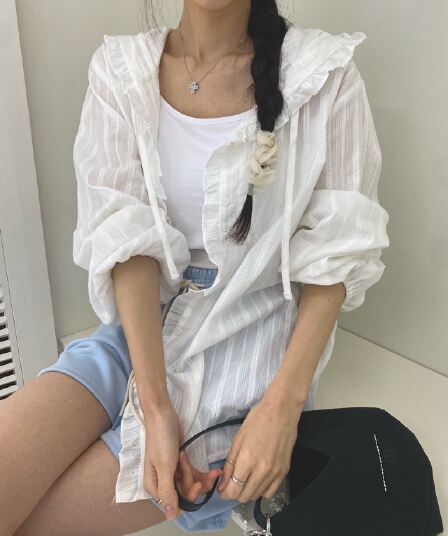 있음 창고 동대문 연령 감소 프릴 자수 면직물 후드 셔츠