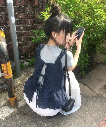 있음 창고 2026 새로운 한국 스타일 체크무늬 레이스업 프릴 슬립 전후 둘 착용