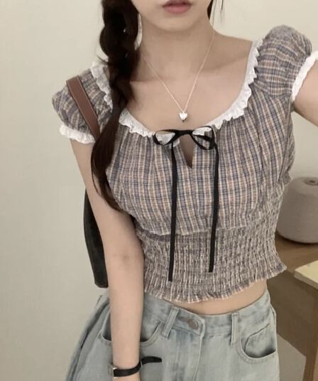 있음 창고 한국 chic 패션 레이스 패치워크 나비 넥타이 격자 무늬 셔츠