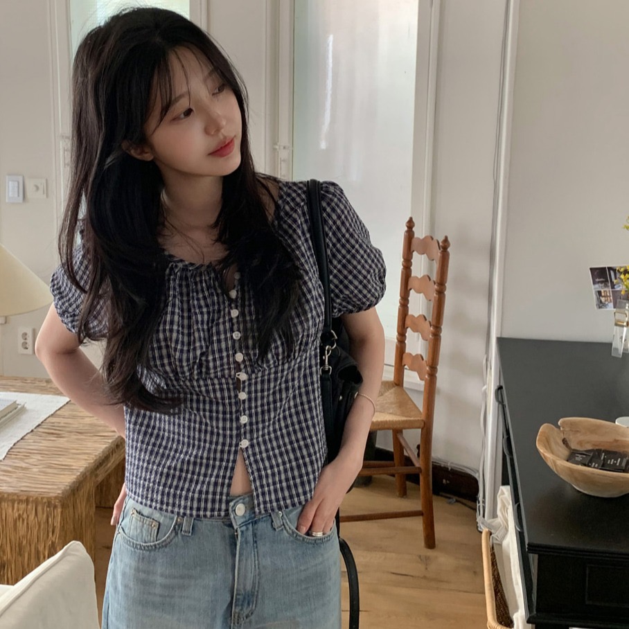있음 창고 chic 한 부서 미니멀리즘 라운드 넥 싱글 줄 버튼 체크무늬 셔츠
