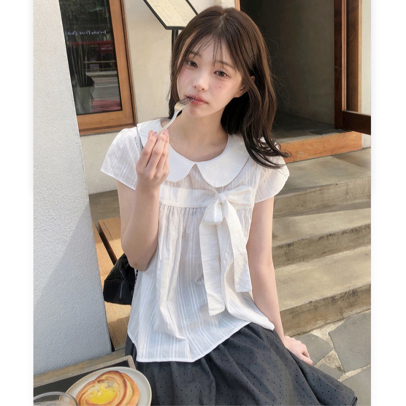 재고 있음 일본식 레트로 스타일 체크무늬 나비 매듭 베이비 칼라 반팔 셔츠