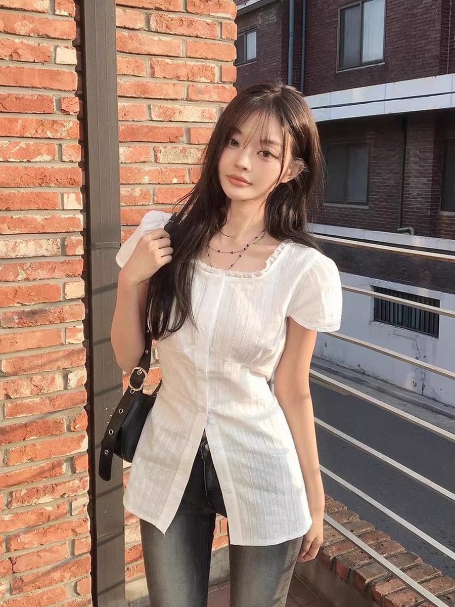 재고 있음 chic 여름 분기 별 칼라 여성 셔츠 레이스업 허리 수축 작은 셔츠 맨위