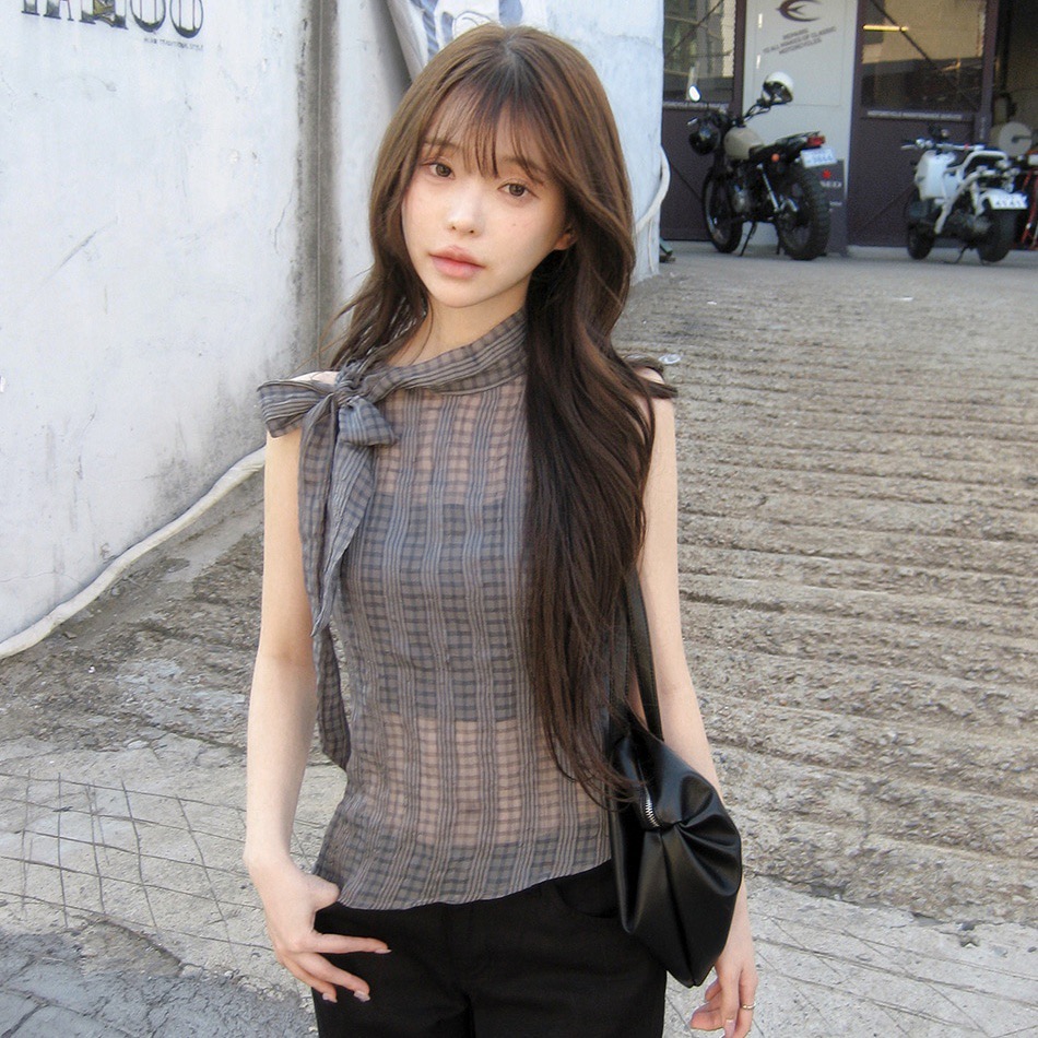 재고 있음 한국 나비 넥타이 터틀넥 민소매 체크무늬 조끼 작은 스탠드 칼라 얇은 스타일 ~을 통해 실 슬립