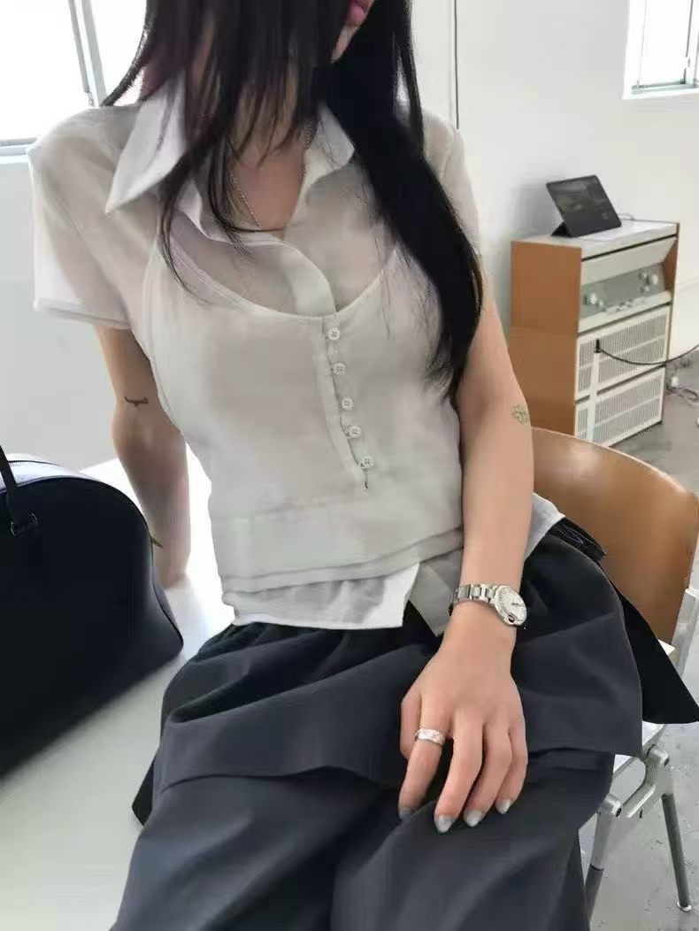 재고 있음 투피스 세트 마이크로 ~을 통해 레이스업 행침 목 폴로 칼라 반팔 여성 셔츠