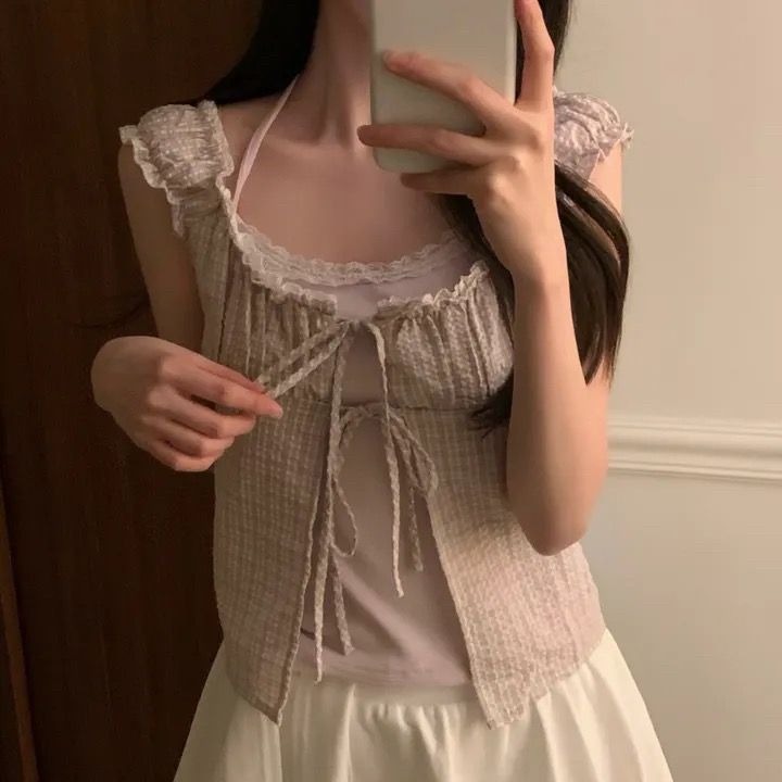 한국 스타일 체크무늬 행침 목 슬립 펌프 Pleat 스트랩 체크무늬 셔츠 오픈 가디건 반팔 맨위