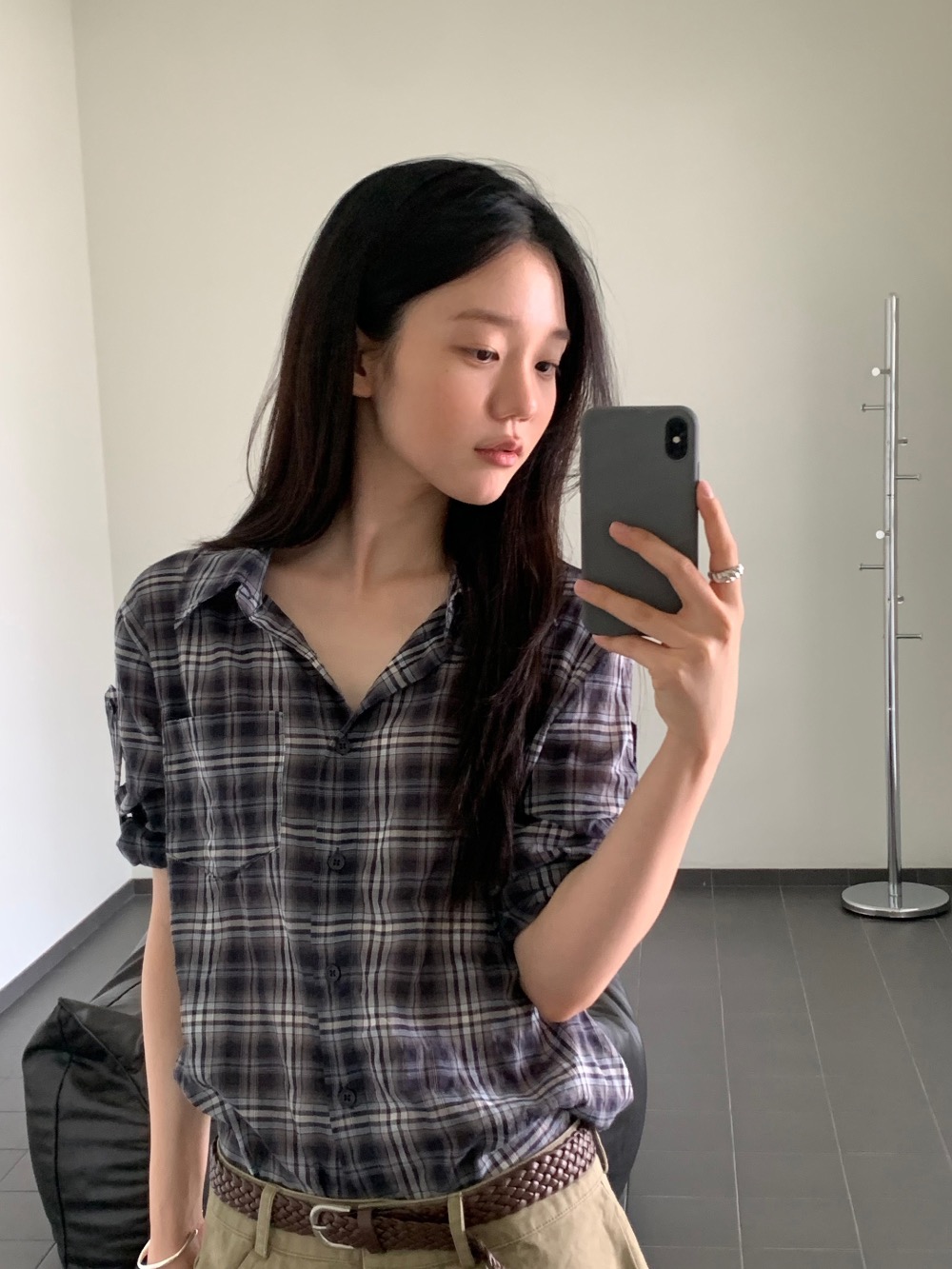 재고 있음 한국 chic 여름 싱글 줄 버튼 격자 무늬 셔츠 여성용 짧은 소매 셔츠