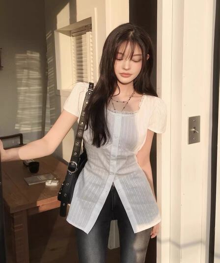 재고 있음 chic 여름 분기 별 칼라 레이스 패치워크 셔츠 레이스업 허리 수축 작은 셔츠 맨위