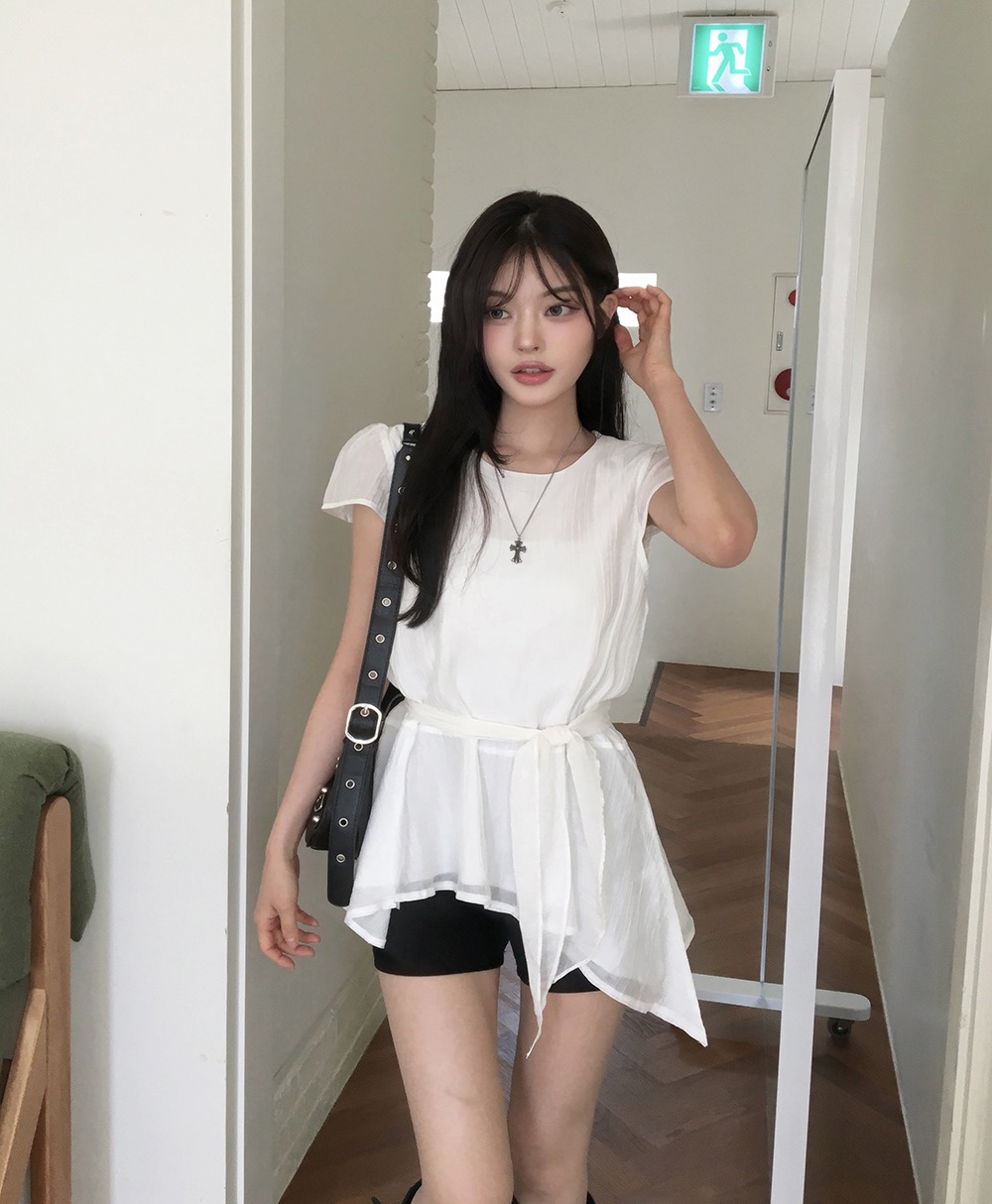 재고 있음 chic 한국 스타일 불규칙 반팔 라운드 넥 셔츠 3 색