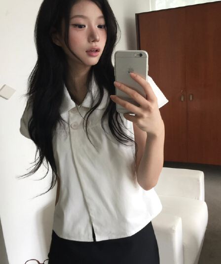 재고 있음 한국 chic 레트로 이중 버튼 베이비 칼라 반팔 셔츠 맨위 여성