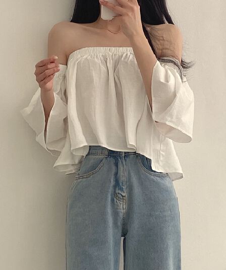 재고 있음 작은 대중 나팔 소매 오프숄더 튜브탑 프랑스식 부드러운 쇼트 스타일 셔츠 여성