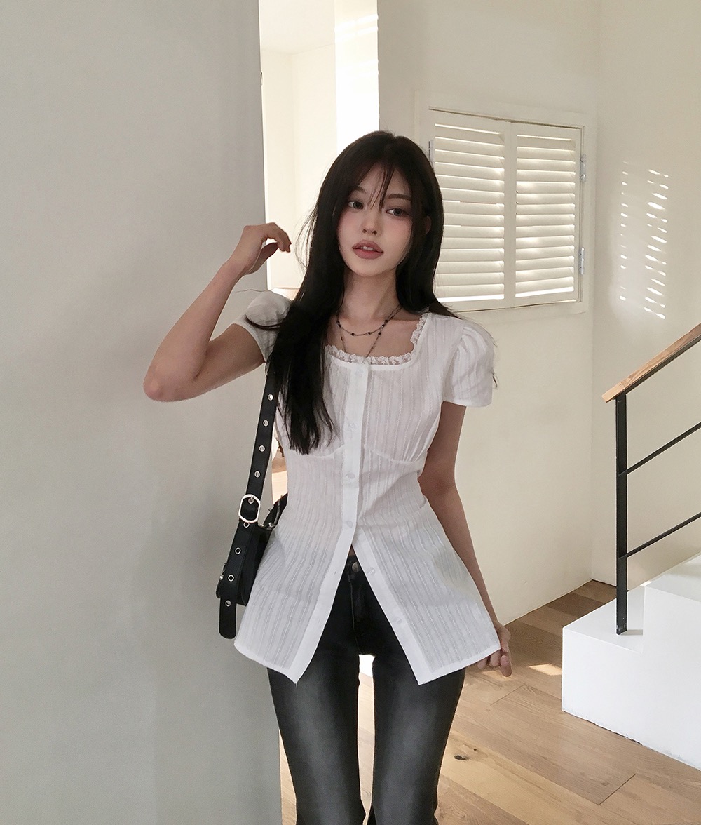 달콤한 스타일 레이스 측면 반팔 여성 셔츠 외국 가스 작은 셔츠 고유 한 Chic 맨위