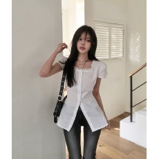 批发甜美风蕾丝边短袖衬衫女洋气<b class='q'>小衫</b>独特别致上衣