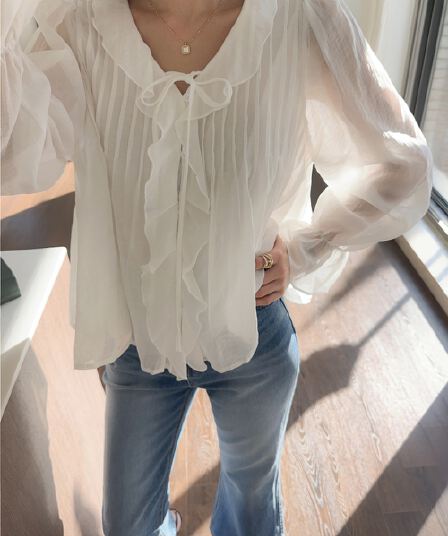 봄 무거운 작업 달콤함 낭만주의 연령 감소 프릴 물결무늬 칼라 플리츠 레이스업 마이크로 ~을 통해 이중층 긴팔 여성 셔츠