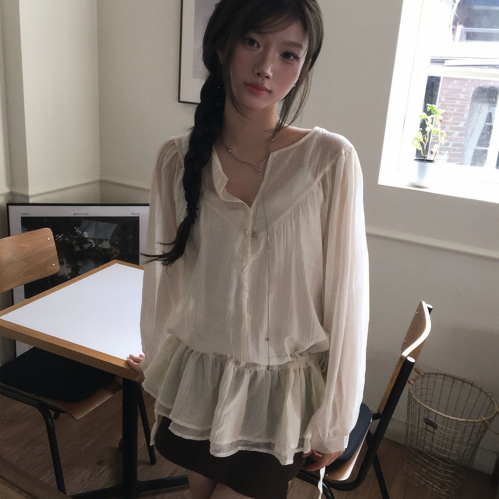 재고 있음 chic 한국 스타일 2026 여름 펌프 로프 허리 수축 셔츠