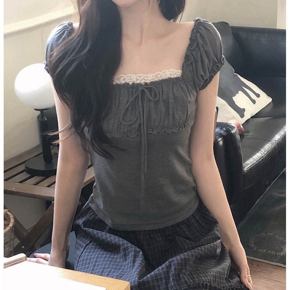 귀신 소녀 거품 소매 레이스 스트랩 티셔츠