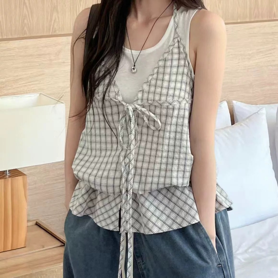 한국 chic 여름 스트랩 행침 목 배색 체크무늬 슬립 패치워크 페이크 레이어드 조끼 여성 허리 수축 외국 가스 맨위