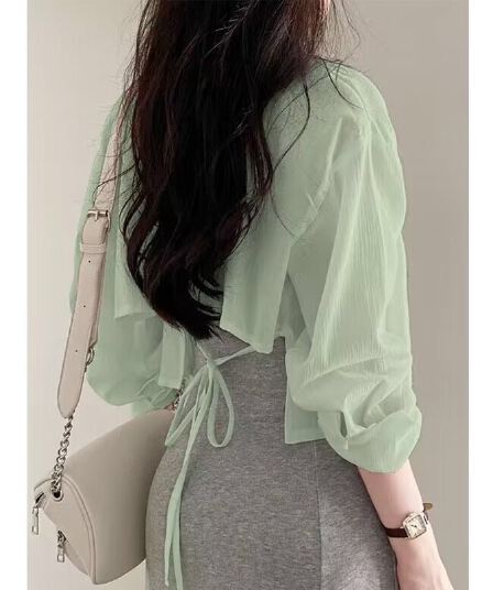 재고 있음 한국 chic 뒤로 스트랩 얼음 실크 자외선 차단 여성 셔츠 여름 경기 슬립 치마 외부 가져 가라. 오픈 가디건