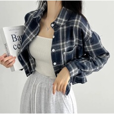 批发<b class='q'>韩国</b>chic格子衬衫女秋季短款设计感宽松港风复古衬衣外套