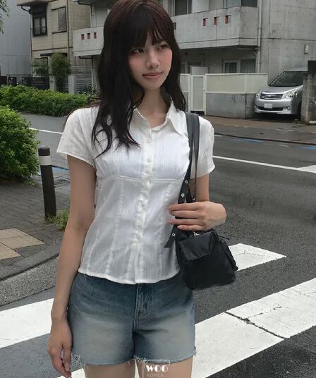 재고 있음 한국 동대문 학원 스타일 패치워크 얇은 스타일 마이크로 ~을 통해 부서 버클 폴로 칼라 반팔 셔츠