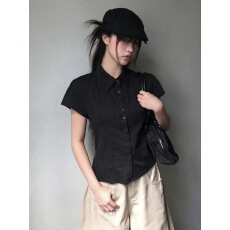 批发有货 韩国东大门 学院风拼接薄款微透系扣翻领短袖衬衫
