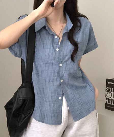 한국 여름 chic 루즈핏 탑 옷깃 볼륨 측면 가을 어깨 소매 반팔 체크무늬 여성 셔츠