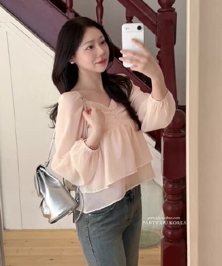 재고 있음 부드러운 달콤함 부드러운 분말 심장 칼라 이중층 쉬폰 긴팔 셔츠