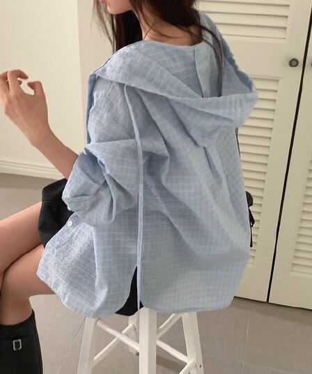 한국 chic 이른 가을 새로운 얇은 스타일 자외선 차단 학원 레트로 체크무늬 느슨함 센스 후드 셔츠