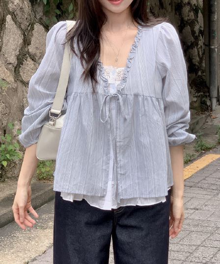 재고 있음 chic 한 부서 봄 달콤함 페이크 레이어드 긴팔 프릴 긴팔 스트라이프 셔츠