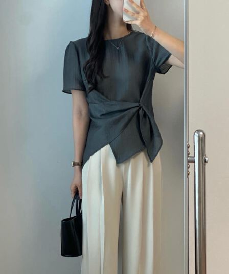 재고 있음 chic 한국 스타일 라운드 넥 불규칙 반팔 셔츠